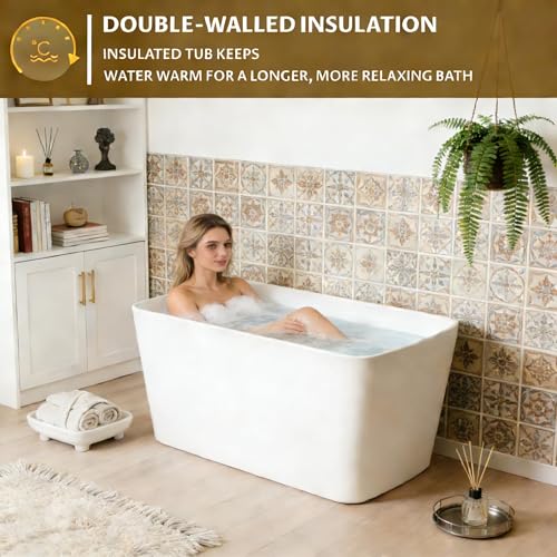 Image of GarveeHome 49'' Freestanding Bathtub, Acrylic. Deep Soaking Stand Alone Tub, Bath Easy to Install for Bathroom Renovation, Comfortable Small Space Tub with Chrome Overflow and Drain, White