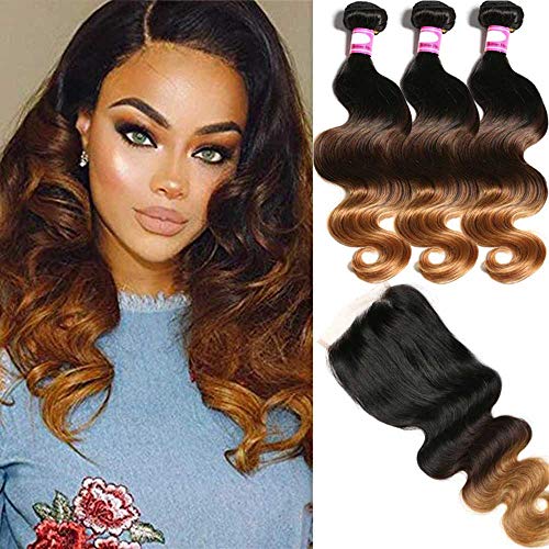 Hairitory Ombre Malaysian Body Wave Bundles with Lace Closure, 8A Virgin Hair 3 Bundles Blonde Human Hair bundles with Closure 100g/PC (16 with 20 20 20, T1B/4/30)