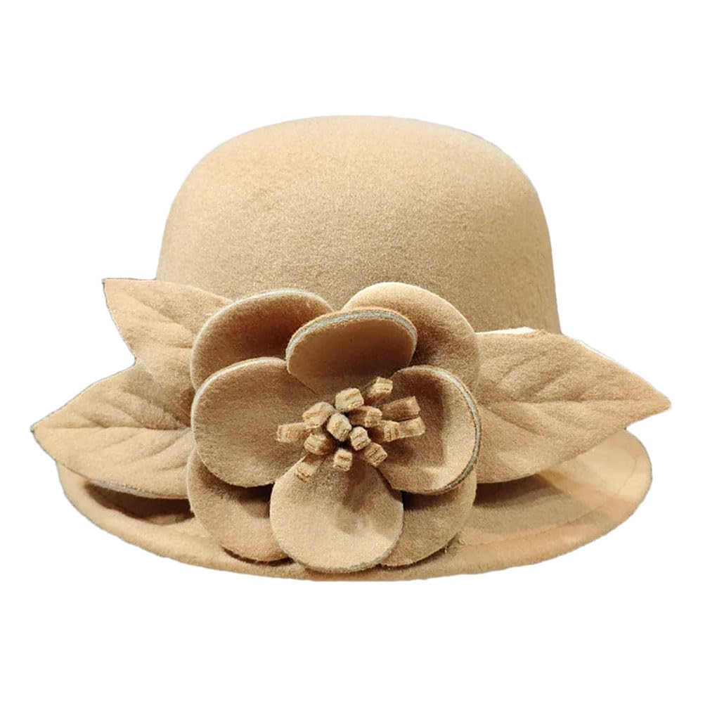 Cappello da Donna Fedora Autunnale E Invernale con Fiori, Caldo Cappello da Pescatore, Caldo Cappello da Bowler in Lana, Cappello da Fiori Fedora,Khaki-One Size