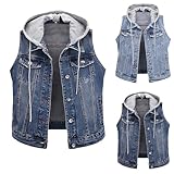 IQYU Chaleco vaquero para mujer, color azul, sin mangas, chaqueta vaquera oversized con capucha, sin mangas, tallas grandes, chaleco cálido, chaqueta de entretiempo, elegante, chaqueta vaquera