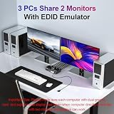 Przełącznik KVM HDMI 2 monitory 3 komputery 4K przy 60 Hz, symulacja EDID, podwójny monitor Przełącznik KVM dla 3 komputerów Udostępnij 2 wyświetlacze i 4 porty USB 3.0, przewodowy pilot i kable