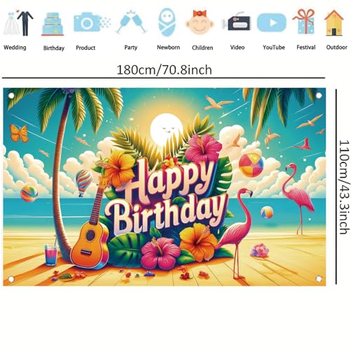 Image of Summer Happy Birthday Backdrop Banner Tropical Hawaiian Flamingo Flowers Palm Leaves Photography Background Aloha Beach Baby Shower Luau Party Supplies Photo Booth Props 71 x 43 Inch