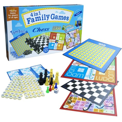Image of G F S 4 in 1 Family Strategy Board Games, Tambola, Chess, Ludo and Snakes & Ladders Educational Family Games, Fun & Strategy Games (Multicolor)