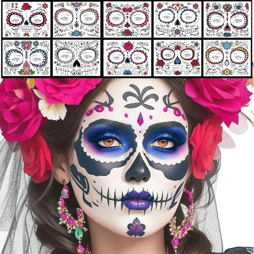 joonnair 10 Fogli Halloween Tatuaggi Temporanei, Tatuaggi Viso Dia de Los Muertos, viso temporaneo tattoos adesivi per Giorno dei Morti, Cranio Teschio Rose Festa, Festa di Halloween, Cosplay