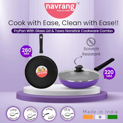 Image of NAVRANG Non Stick Cookware Set of 3 Pcs | Nonstick Dosa Tawa 26 cm & Frypan 22cm with Glass Lid | Non-Induction - Purple
