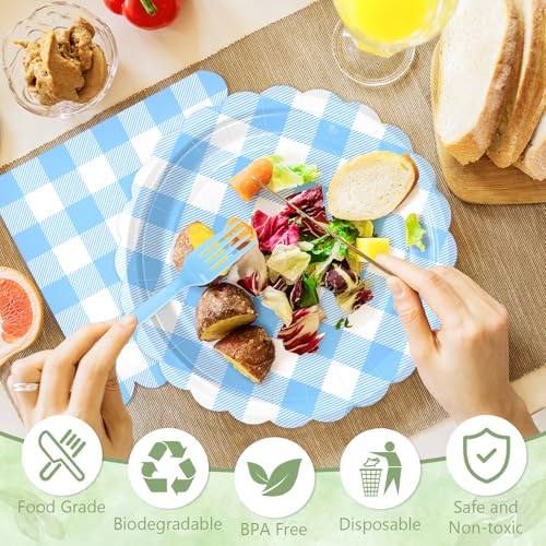 Image of 100 Light Blue Gingham Paper Plates and Napkins Disposable Set for Party