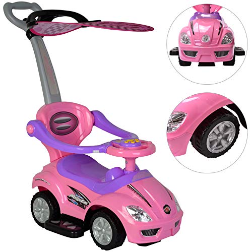 ChromeWheels 3 in 1 Ride on Toys Pushing Car with Removable Sun Visor,Mega Car for Toddler Wagon Handle Stroller,Color Pink