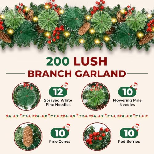 9FT Christmas Garland with Lights, Prelit LED Artificial Garland for Mantel — 사진 2