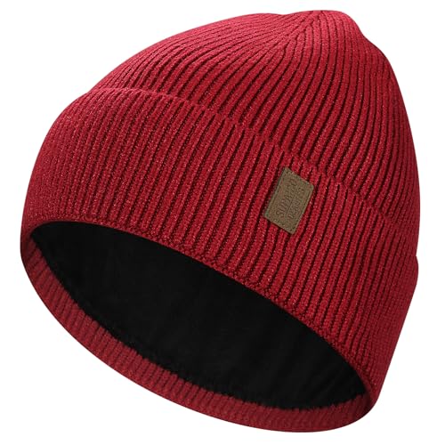 Supaico Winter Beanie Hat for Men Women Fleece Lined Knit Beanie Soft Cuffed Thick Warm Beanie Hats Unisex,Wine Red