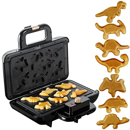 Mini Waffle Maker Waffle Iron Dinosaur Waffle Maker for Kids Make 7 Unique Dino Friends Waffle in Minutes, Electric Nonstick Waffle Maker with Removable Plates Breakfast Maker Machine (Black)