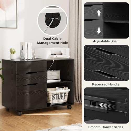 Dumos HDG-3C01-BK-LI Lateral File Cabinet With 3 Drawers, Rolling Wooden Printer Stand Under Desk Storage Organizer With 4 Wheels Adjustable Shelf For Office Home thumb #5