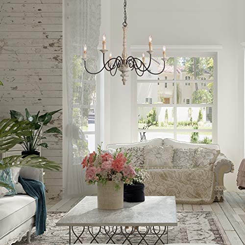 Laluz Farmhouse Chandelier, French Country Chandelier For Dining Room, White Distressed Wood, 37” L X 28” H #TOP1