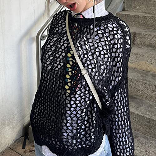 Image of Women Y2K Crochet Knit Hollow Out Blouse Top Sweater Fishnet Long Sleeve Oversized Pullovers T Shirt