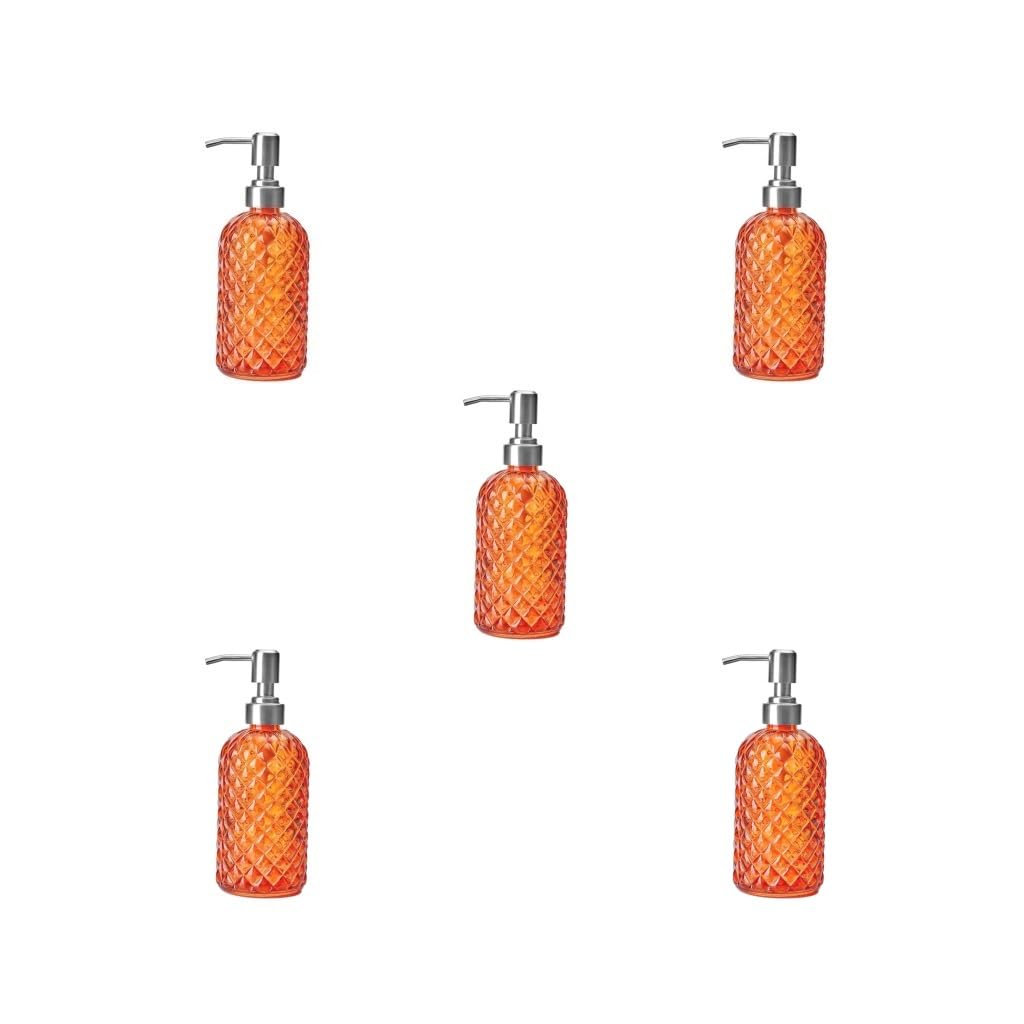 Set di 5 dispenser di sapone in vetro con pompa in acciaio inox 304 per lavanderia, hotel, cucina, arancione, 20 x 7 cm