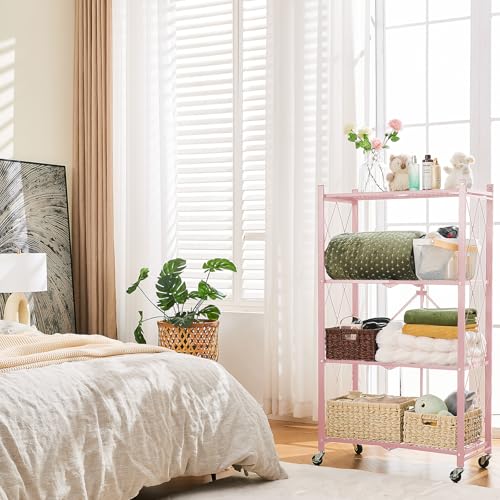 Image of BRIAN & DANY 4-Tier Foldable Storage Shelves with Wheels, Folding Metal Rack Shelving Unit, Heavy Duty No Assembly Organizer Shelf for Garage, Kitchen, Basement, Pantry, Pink
