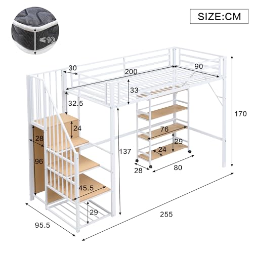 Merax Hochbett Metallbett 90x200cm, Platzsparend Etagenbett mit Offener Kleiderschrank, Vierstöckiges Regal mit Rollen, Stockbett mit Rausfallschutz, Sichere Treppe, Funktionsbett Jugendbett, Weiß – Bild 3