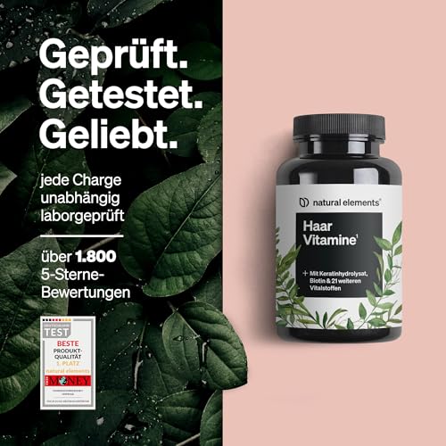 natural elements Haar Vitamine – 180 Kapseln – hochdosiert mit Keratinhydrolysat, Biotin, Selen, Zink, Hirseextrakt, B-Vitaminen & mehr – für Haare, Haut & Nägel* – laborgeprüfte Qualität