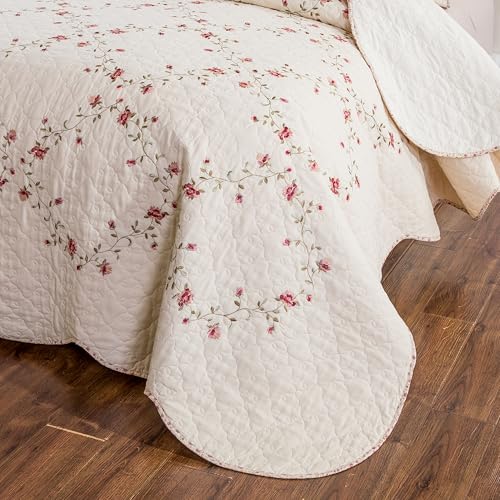 Quilt Set Classical 3D Floral Embroidery Pattern 3-Piece Cotton Reversible Quilted Embroidered Decorative Bedspreads Coverlet Bedding Set, Lightweight &Soft,Beige,King Size - Image 6