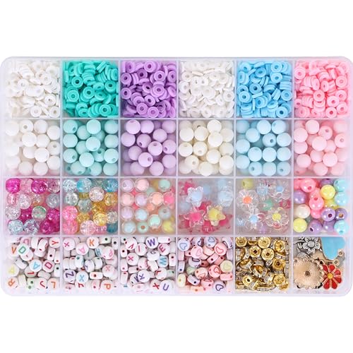 Image of Ambitieux All-in-One Bracelet Making Kit for Girls - 24 Grid Jewelry Set with 1000+ Beads, Alphabet Letters, Charms, Jump Rings, Tools & 2 Elastic Rolls - DIY Jewellery Craft Kit for Kids Age 6-12(Clay With 8mm)