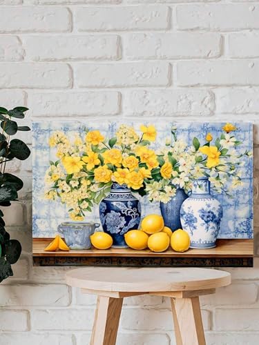 Peinture fleurs jaunes et citrons XBTYKPB 70x90cm avec cadre interne pour salon - 3