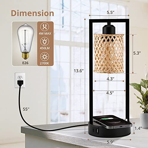 Lediary Set Of 2 Wireless Charging Rattan Table Lamps With Ac Outlet And 2 Usb Ports, Fully Stepless Dimmable Wicker Bedside Lamps, Boho Lamp With Bamboo Woven Shade For Bedroom, 2200K Bulbs Included #TOP4