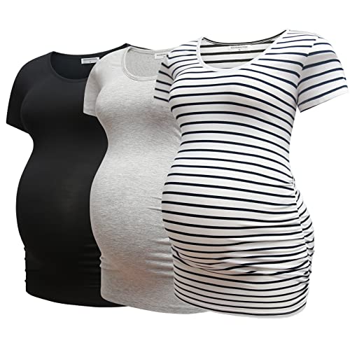 Image of Bearsland Womens Maternity Tshirt 3 Packs Classic Side Ruched Tee Top Mama Pregnancy Clothes