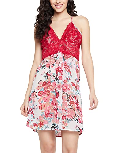 Image of Clovia Women's Lace & Georgette Pretty Florals Babydoll in Pink