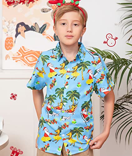uideazone 5-12 Years Boys Ugly Christmas Hawaiian Shirt Button Down Short Sleeve Tropical Santa Shirts2