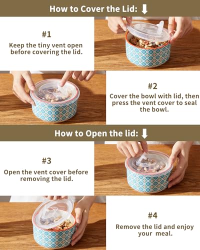 Ceramic Bowl Set with Lids, Serving Bowls with lids, 5 Inch Prep Bowls for Kitchen, Lunch, Picnic, Microwave & Dishwasher Safe, 20 Oz Set of 4 - Image 6