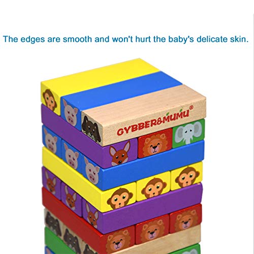 GYBBER&MUMU 60 Pieces Colorful Animal Patterns Wooden Blocks Stacking Board Games with 1 Wood Hammer &1 Dice (60PCS_Colorful) - Thumbnail 3
