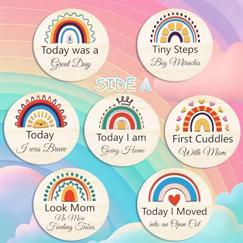 Image of NICU Milestone Cards Sign - Reversible Hospital to Home Journal Gift | 14 Designs Rainbow NICU Milestones Wooden Photo Props for Preemies, Celebrate NICU Baby's Special Milestone Moments