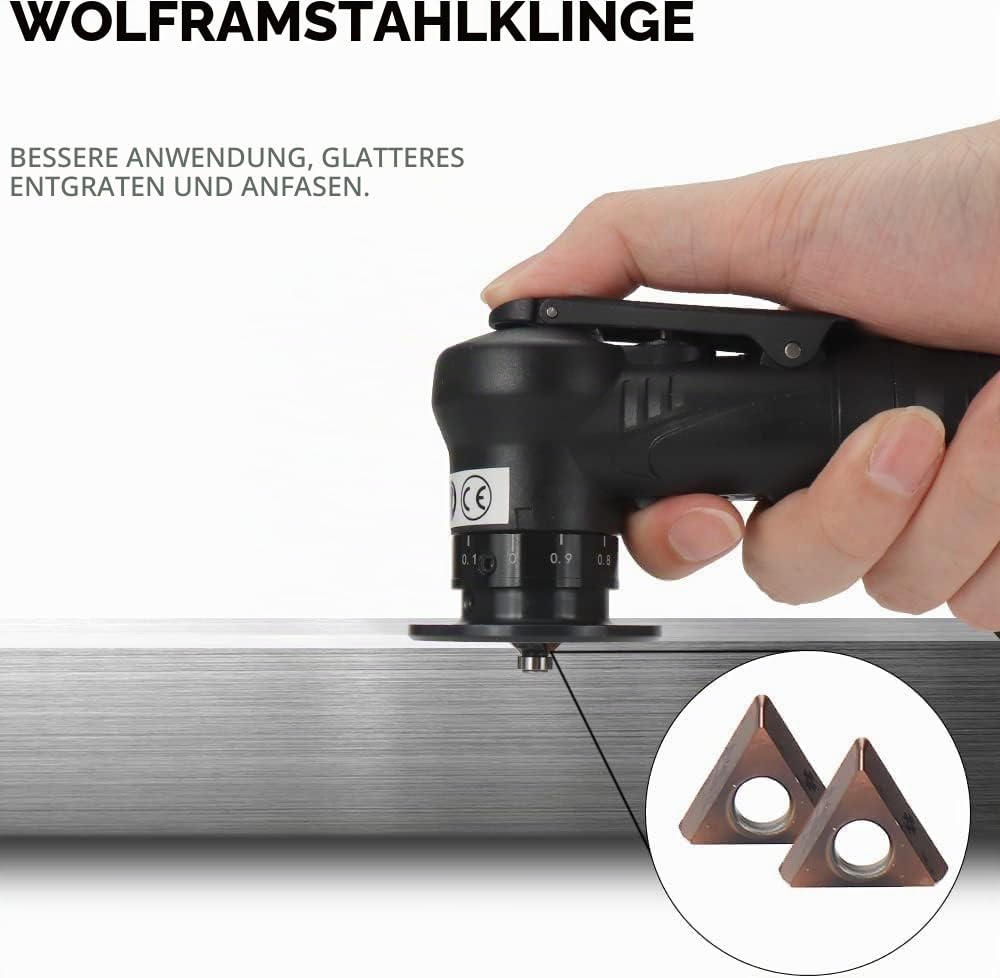 2-in-1 Pneumatische Anfasmaschine Handheld 30000 U/min 45°, Mini Luftfasenwerkzeug Anfaswerkzeug Bogenecke mit 1/4 Zoll Lufteinlass, für Trimmen Fase Entgraten, 6R+8C Winkeleinsätze+6 Lager