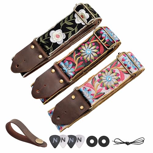 Image of Nefelibata Guitar Strap,Crazy Horse Leather Jacquard Embroidery Cotton Guitar Straps for Bass, Electric & Acoustic, Best Gifts for Guitarists(Retro White Petals)