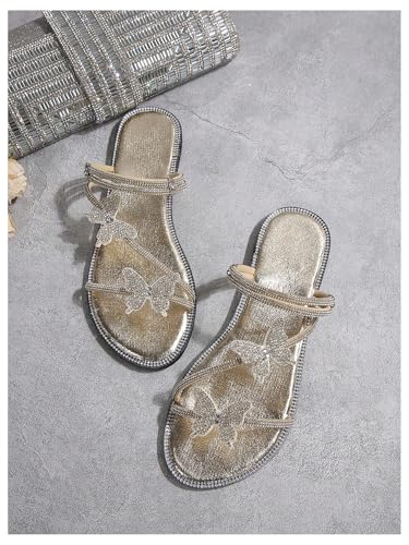 Image of OYOANGLE Women's Silver Rhinestone Sandals Sparkly Dressy Flat Sandals