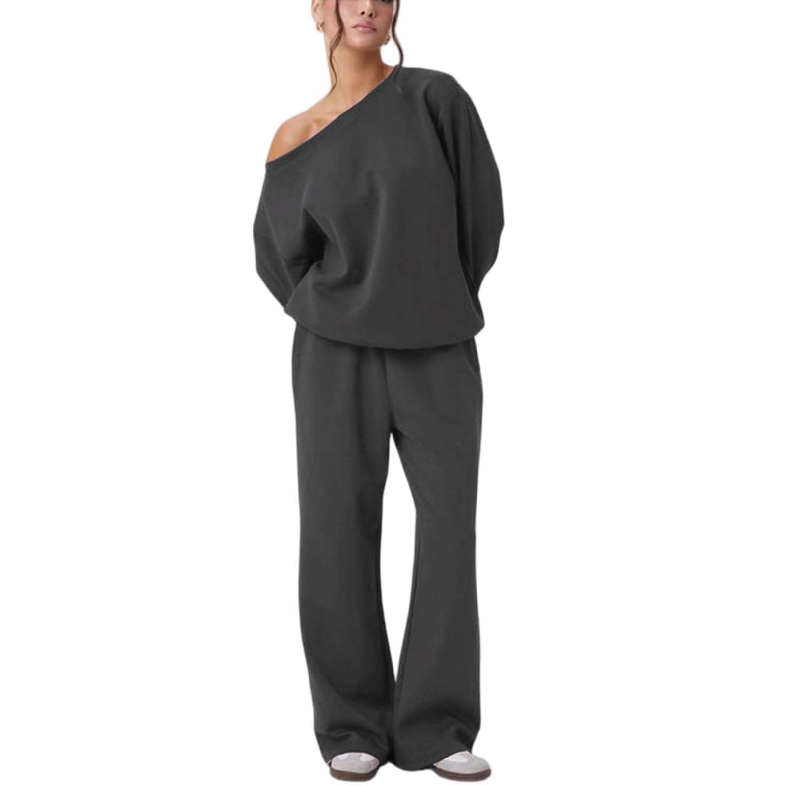 Ensemble 2 pièces assorti pour femme, pull surdimensionné à épaules dénudées et pantalon de jogging à jambe large