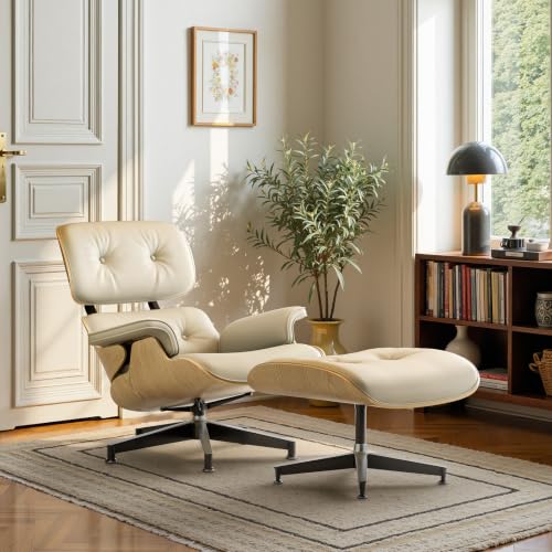 Image of Mid Century Modern Top Grain Leather Chaise Lounge Chair & Ottoman
