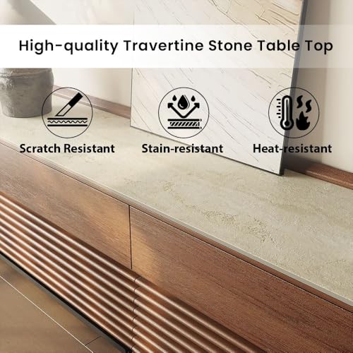 Image of POVISON Fully-Assembled Mid Century Matte Sintered Stone TV Stand with Legs, 94.49 inch Wood Media Console with Adjustable LED Light, Entertainment Center with Storage for Living Room