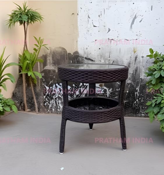 Image of India Garden Patio Seating Chair and Table Set Outdoor Balcony Garden Coffee Table Set Furniture with Table and Chairs Set (Brown with Tripod Table 2+1)