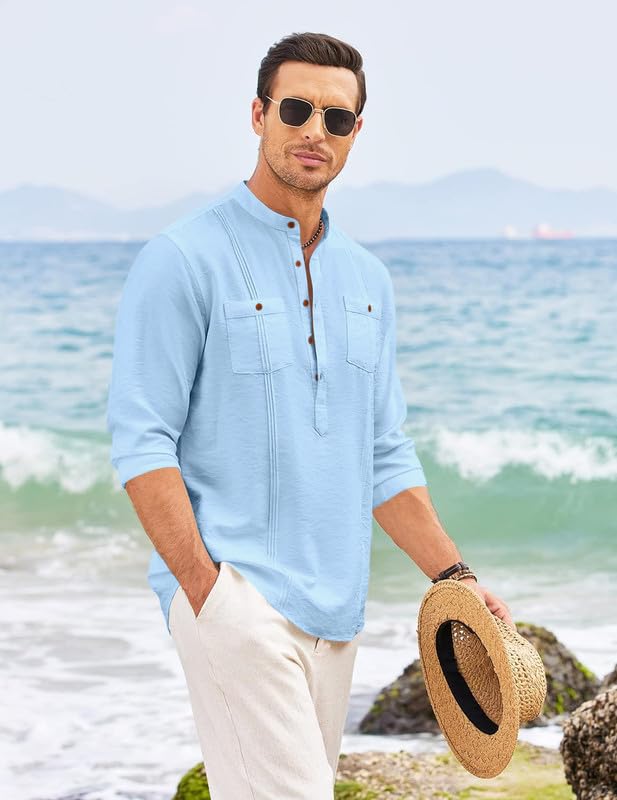 Image of Macsivo Combo of Men's Regular Fit Cotton Blend Solid Casual Short Kurta with Mandarin Collar and Pockets Kurta Pack of 2