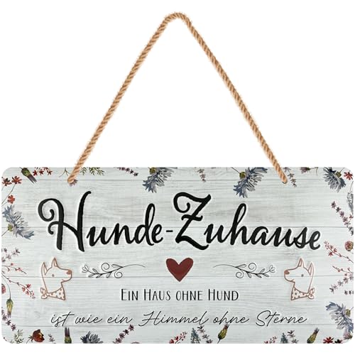 LANOLU retro Blechschild lustiges Hundeschild als Türschild Hund Deko Spruch Wer sagt Glück kann man nicht anfassen Hunde Zuhause mit Juteseil Kordel 16x32 cm