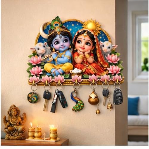 Image of Webelkart Premium Radha Krishna Wooden Key Holder for Home Decor, Wall Mount Key Hanger, Key Chain Holder for Wall, Living Room, Pooja Room