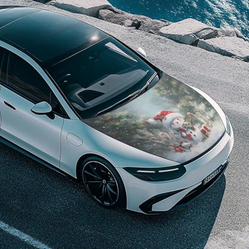 Image of Car Hood Cover Stretchable Auto Hood Wrap Blankets Waterproof Auto Decorative Accessories for Compact Sedans SUV Trucks Van (Christmas Snowman and Christmas Tree Design)