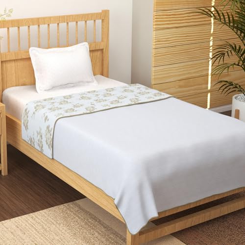 Image of Story@Home Comforter Single Bed Cotton 100%| 150GSM 144 X 220 cm Quilt AC Blanket for Summer | AC Comforter Single Bed | Beige & White, Floral & Geometric Reversible Design Duvet | All-Season Blanket