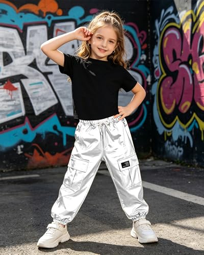 Image of SANGTREE 2 Piece Outfits Girls, Cute Black Short Sleeve+ Silver Metal Cargo Jogger Pants with Multi Pockets Elastic Waist, X-Large