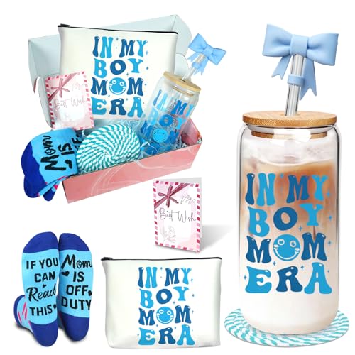 ANOTION in My Boy Mom Era Glass Cup, 18oz/532ml Cute New Mom Gifts, Iced Coffee Glass Cups with Lids Straws Thank You Gift Boy Mother Gift Box Set