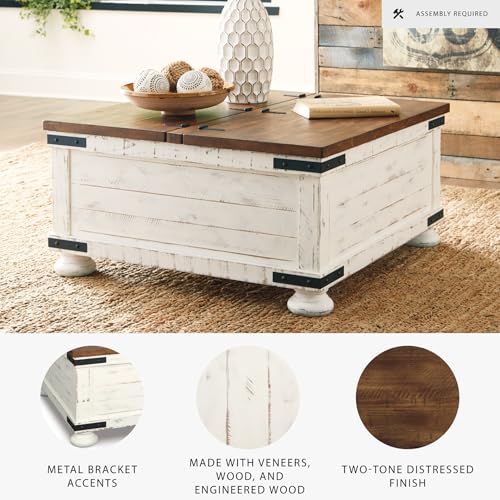 Signature Design by Ashley Wystfield Farmhouse Square Storage Coffee Table with Hinged Lift Top, Distressed White