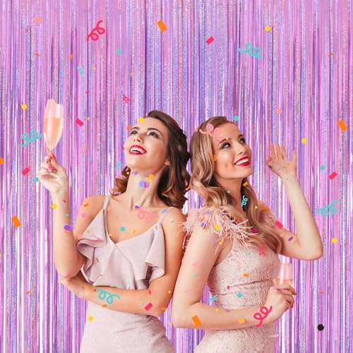Image of Laser Pink Curtains Fringe Backdrop Streamers Party Decorations 2Pack 3.3 * 8.2FT Pink Birthday Decorations Tinsel Backdrop Curtains Photo Booth Props for Womens Girls Party Decorations