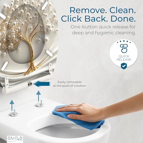 Image of Sanilo Wooden Toilet Seat with Quick Release & Soft Close [ROUND] - Decorative & Slow Close Molded Wood Seat - With One Click for Easy Installation & Cleaning - With Adjustable Fit (Tree of Life)