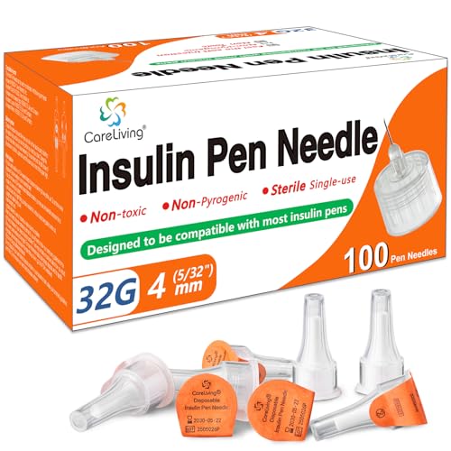 CareLiving Insulin Pen Needle 32G 4 mm (5/32”), 100 Count, Universal Fit Compatible with Most Pen Injector Device, Ultra-Thin for Comfortable Insulin Injection