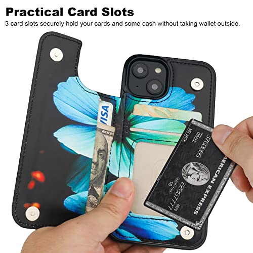 Image of HAOPINSH for iPhone 13 Case Wallet with Card Holder, Blue Florals Pattern Back Flip Folio PU Leather Kickstand Card Slots Case for Women Girls, Double Magnetic Clasp Shockproof Cover 6.1 inch